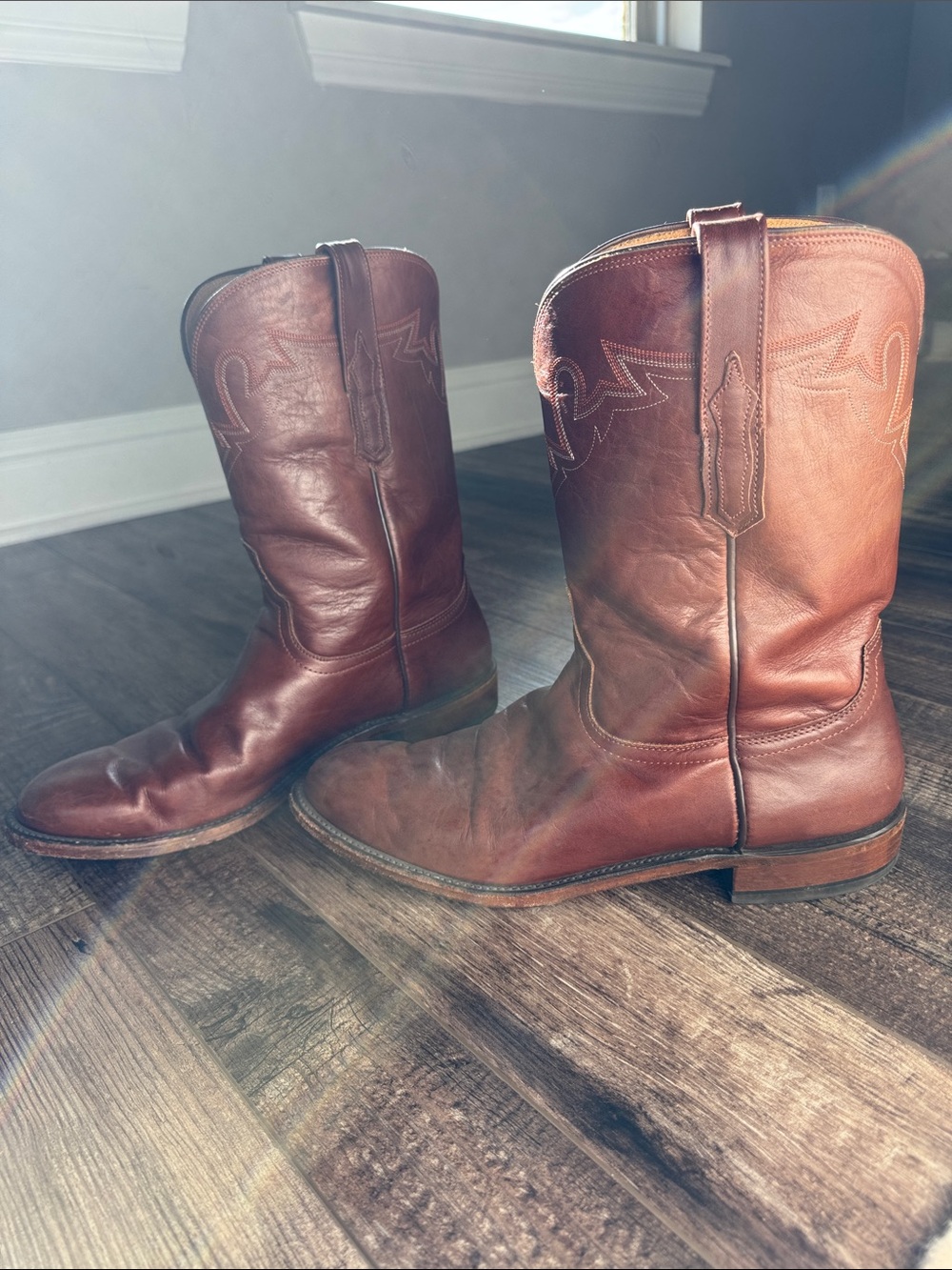 Lucchese Brown Leather Western Pull-On Boots